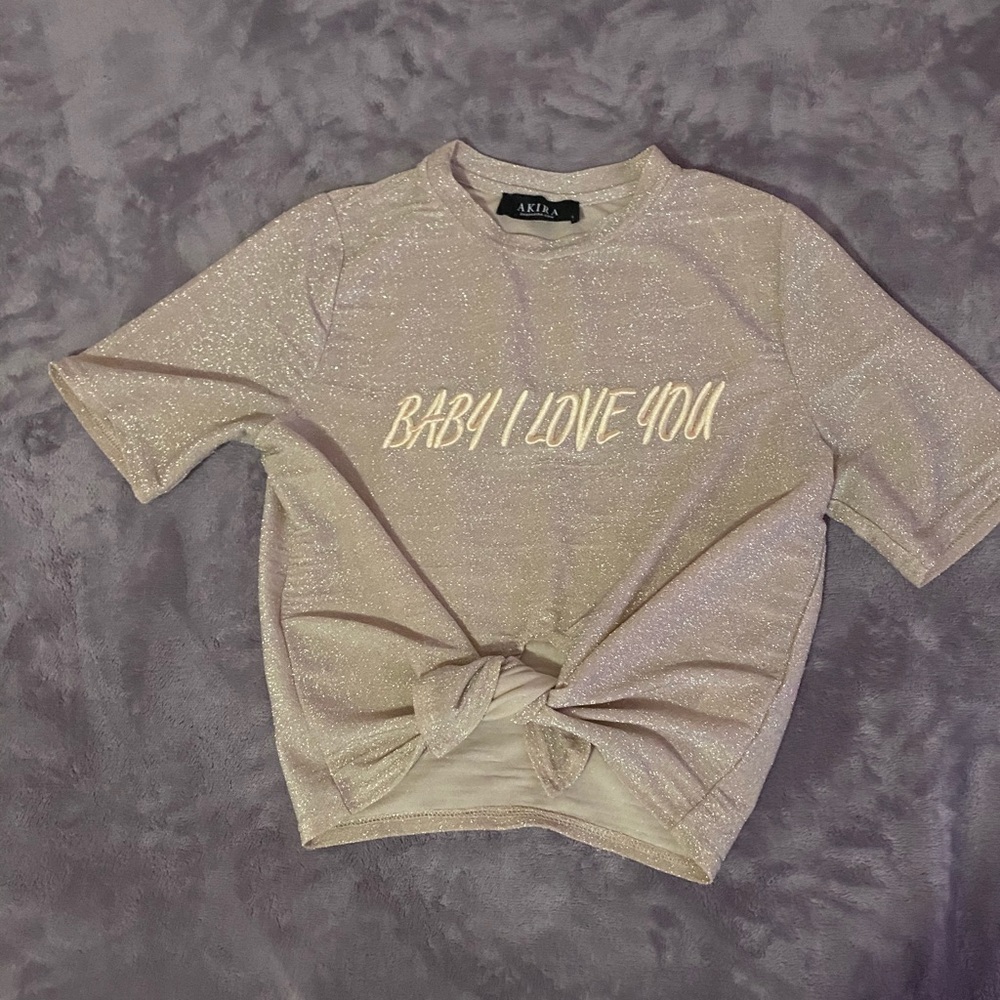 Akira Pink Glitter Cropped Tie Front Tee